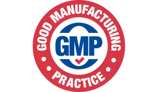GMP certified red badge representing good manufacturing practice standards